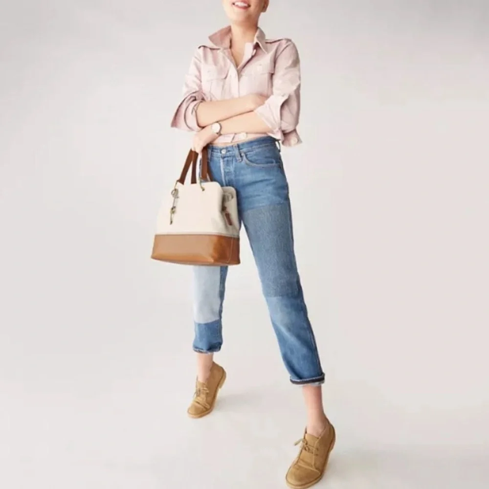 Fossil Lane Satchel Neutral Cream Brown Multi